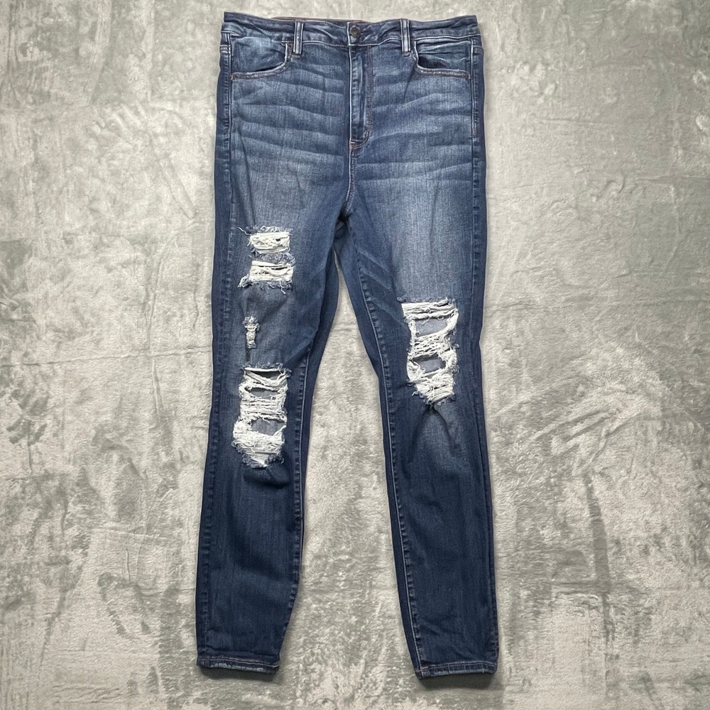 American Eagle Highest Rise Jegging Women 16 Blue Distressed Super Stretch